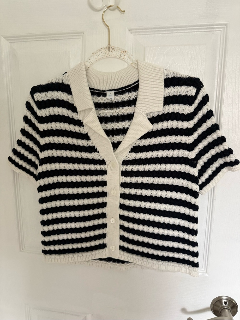 Old Navy Striped Short-Sleeve Knit Cardigan Sweater - Black & Cream